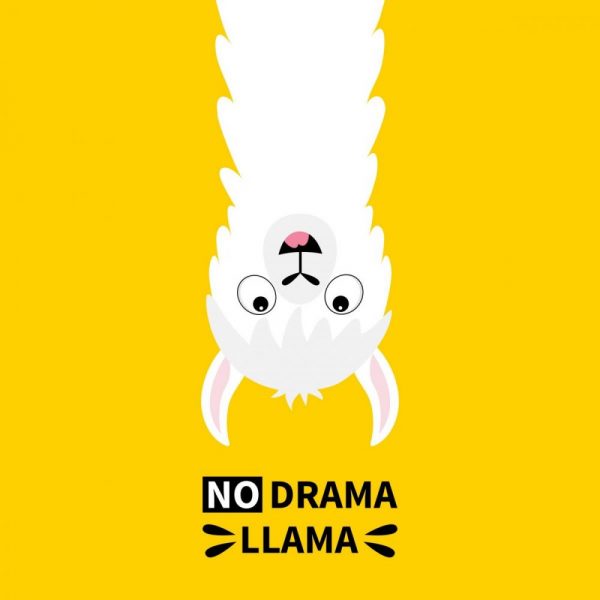 Tekening van een witte No Drama Lama die ondersteboven tegen een gele achtergrond hangt